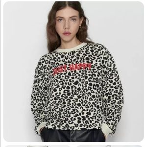 NEW ZARA “JUST HAPPY” ANIMAL PRINT CROPPED SWEATSHIRT, S
